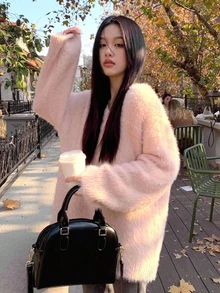 女式 V 领仿貂皮毛衣，柔软舒适宽松套头针织上衣，秋冬 - 粉色 - 查看 1