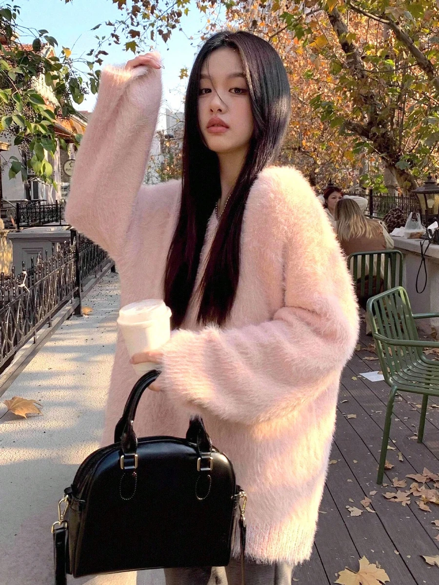 女式 V 领仿貂皮毛衣，柔软舒适宽松套头针织上衣，秋冬 - 粉色 - 查看 1