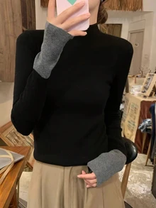 女士基本款拼色简约薄款高领套头衫黑色毛衣秋冬季日常装办公室长袖上衣 - 黑色 - 查看 1