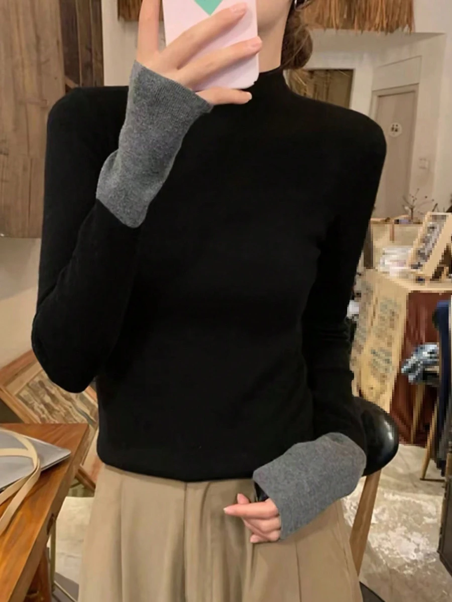 女士基本款拼色简约薄款高领套头衫黑色毛衣秋冬季日常装办公室长袖上衣 - 黑色 - 查看 1