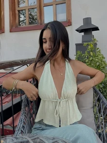 女士度假系带修身休闲针织背心毛衣夏季 - 米色 - 查看 2