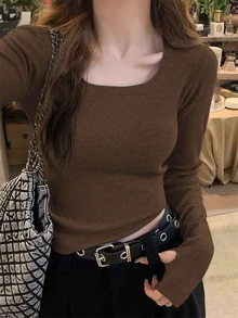 女士休闲针织毛衣，修身套头衫，新款秋冬设计 - 咖啡色 - 查看 2