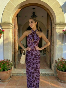 Vestido largo elegante de mujer con estampado floral diminuto, vestido de fiesta para playa con abertura en la espalda y detalle de nudo en el frente sin mangas para verano y vacaciones - Morado - Ver 4