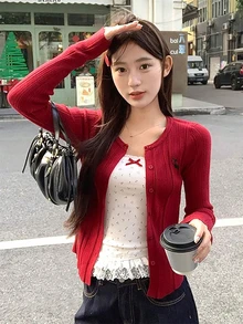 Áo len cardigan dệt kim ôm vừa vặn màu đỏ dành cho nữ, áo len mỏng đa năng gợi cảm mùa thu/đông mới, thích hợp cho Giáng sinh, năm mới, đi làm và đi chơi - Đỏ - Xem 1