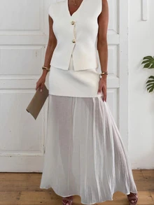 女士优雅拼接高腰拉链及踝长裙时尚拉链松紧腰褶皱长裙优雅 2 件套 - 褶裙和背心，女士套装女士优雅连衣裙女士晚礼服女士连衣裙 - 白色 - 查看 3