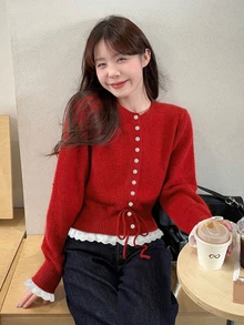 Women's Sweet Lace Patchwork Drawstring Knit Cardigan, Round Neck Long Sleeve Sweater For Autumn/Winter