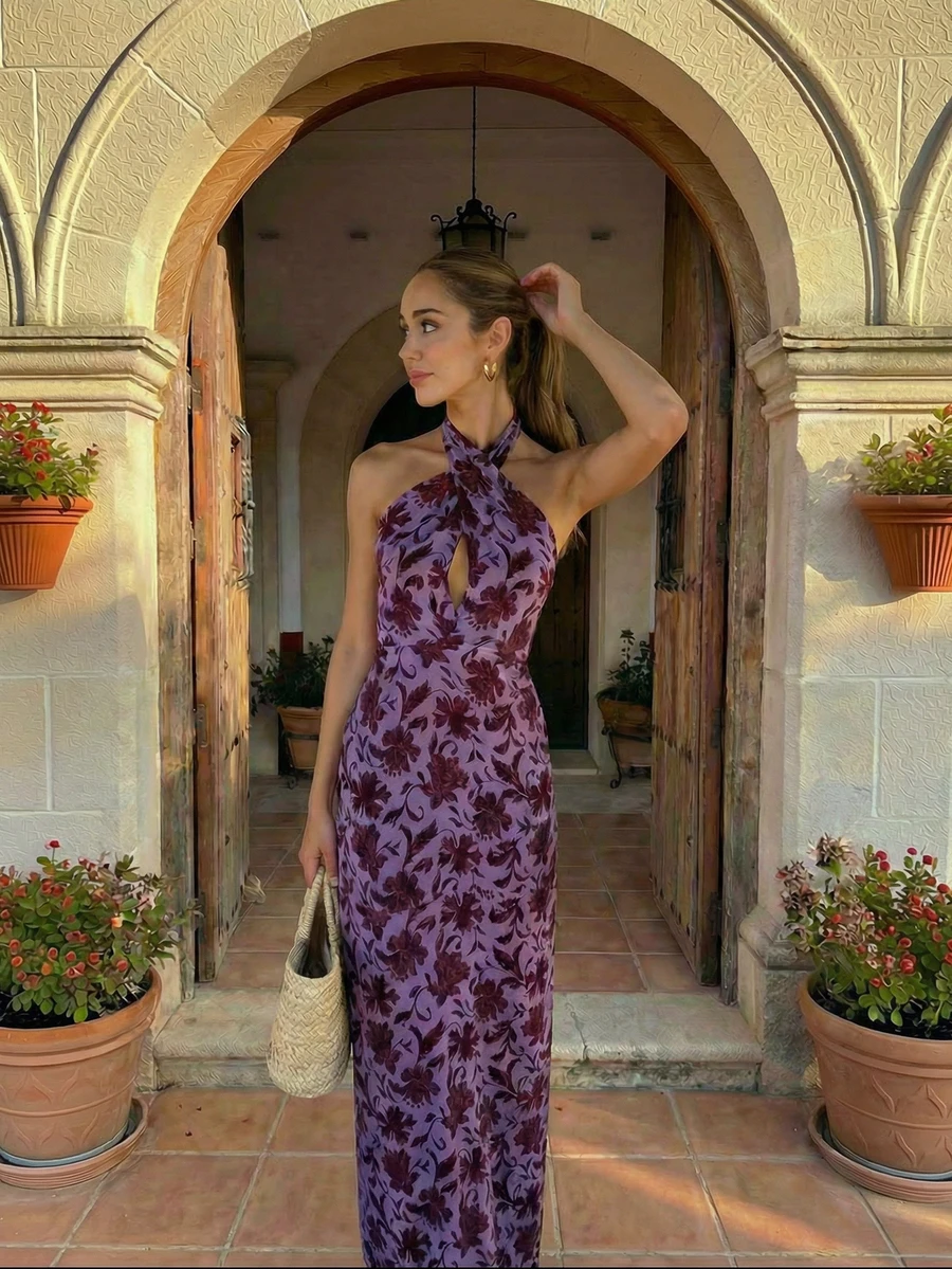 Vestido largo elegante de mujer con estampado floral diminuto, vestido de fiesta para playa con abertura en la espalda y detalle de nudo en el frente sin mangas para verano y vacaciones