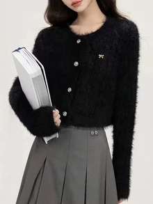 女士时尚短款保暖蝴蝶结多功能圆领长袖毛衣开衫针织外套秋冬街头潮流 - 黑色 - 查看 2