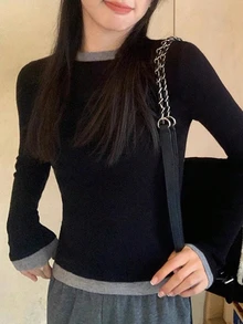 女士圆领修身薄款针织撞色毛衣，简约休闲，秋冬款，适合日常通勤，长袖上衣，黑色 - 黑色 - 查看 2