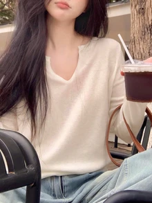 Áo len dệt kim cổ chữ V dài tay ôm vừa vặn cho nữ mùa thu/đông, đơn giản, giản dị, thích hợp mặc hàng ngày, đi làm, áo dài tay - Màu be - Xem 2