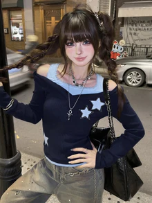 女式休闲星星图案二合一长袖上衣，秋冬