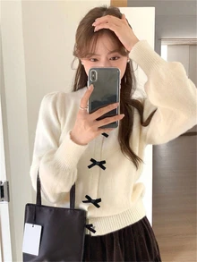 少女系列可爱早春新年蝴蝶结装饰外套灯笼袖长袖上衣秋冬早春搭配短裙小鞋子约会游乐园参观返校节 - 乳白色 - 查看 3