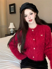 女士时尚短款保暖蝴蝶结多功能圆领长袖毛衣开衫针织外套秋冬街头潮流 - 紅色 - 查看 2