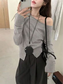 性感简约灰色不对称肩部纽扣下摆女毛衣，适合约会、郊游、通勤、圣诞节、新年、秋冬 - 灰色 - 查看 1