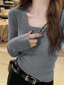 女士轻薄简约方领长袖上衣，修身下摆，春季新品，适合居家、通勤、约会、街头穿搭，时尚百搭 - 深灰色 - 查看 2