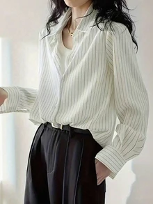 Elegaris 女士春夏前扣领长袖休闲宽松条纹衬衫 白色 - 白色 - 查看 5
