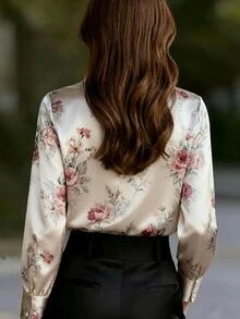 1 chiếc áo sơ mi dài tay cài cúc phía trước bằng vải satin in họa tiết hoa lá dành cho nữ, thanh lịch và thời trang, phù hợp cho công sở, nhà, hàng ngày, kỳ nghỉ, hẹn hò, mọi mùa, màu trắng, thích hợp cho kỳ nghỉ xuân. - trắng - Xem 2