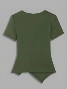 Blusa elegante con escote en V y ajuste ceñido para mujer - Blusa de manga corta con detalles fruncidos, lavable a máquina, color negro puro, para uso casual u oficina, moda moderna, tela cómoda, verano - Verde militar - Ver 2