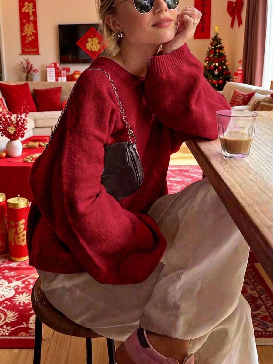 FOR BEAUTY 秋冬新款红色圆领长袖针织衫，时尚宽松简约插肩套头衫，适合狂欢节、情人节、新年等场合穿着。 - 深紅 - 查看 1