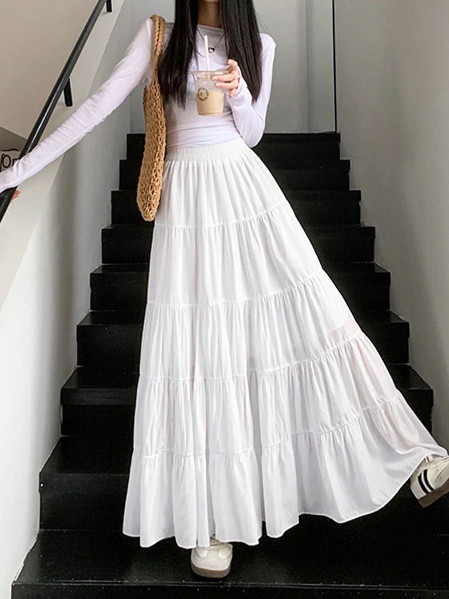 温柔甜美白色蛋糕裙，高腰修身简约A字裙，百褶下摆，女款，秋冬