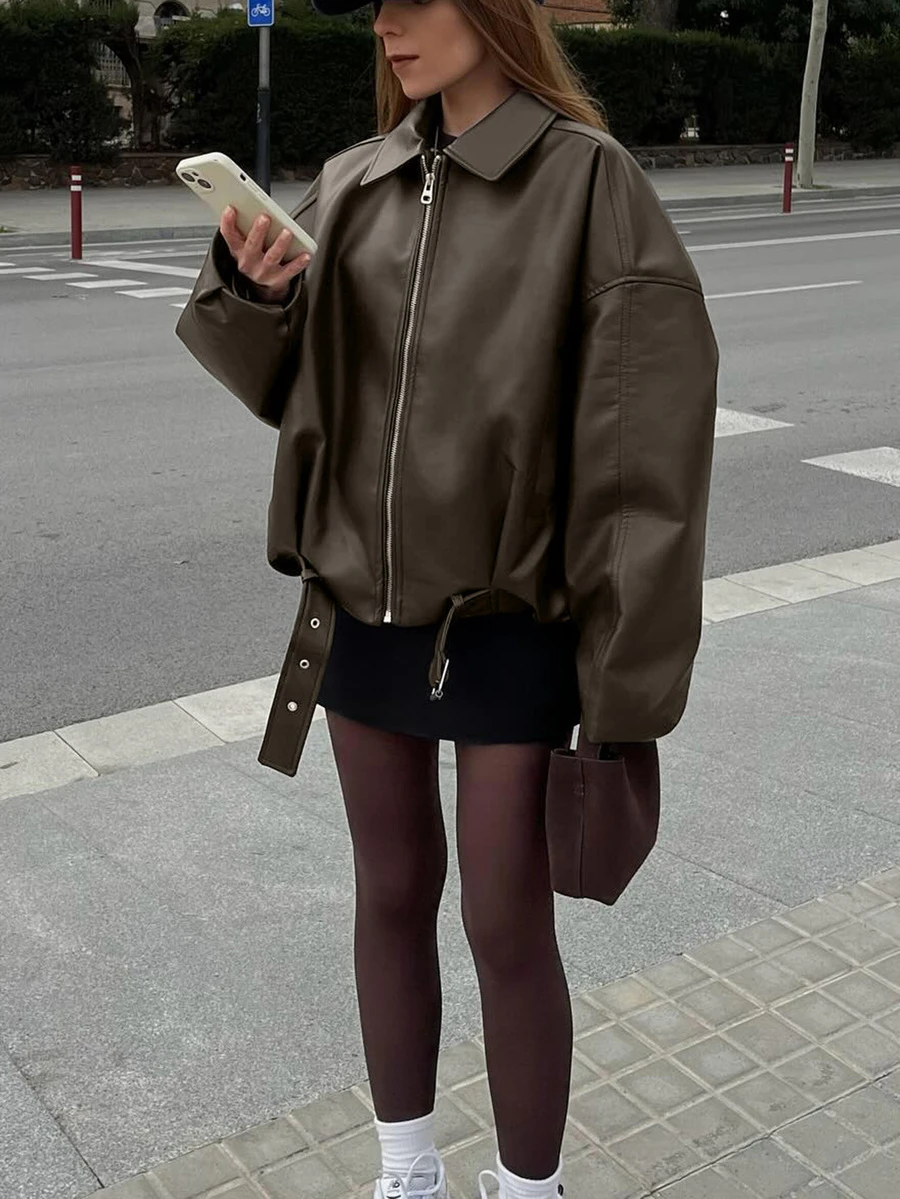 New Vintage Bomber Leather Jacket, Solid Color Casual Zipper Pocket Jacket, Leather Jacket, Regular Fit, Women Winter Jacket - Olive Green - View 1