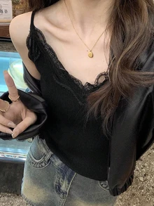 女士蕾丝吊带背心，V领蕾丝拼接针织上衣，适合返校季穿着 - 黑色 - 查看 2
