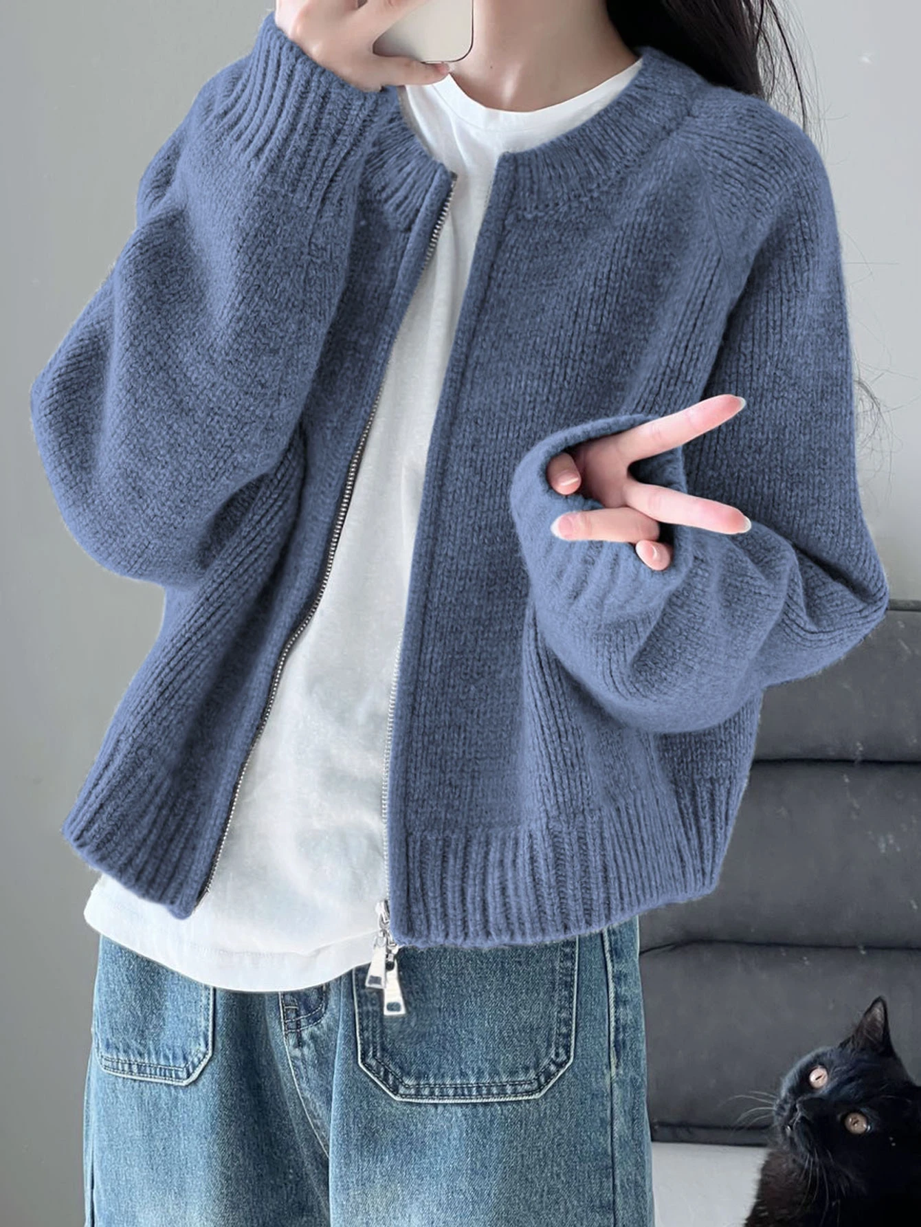 Warm Zip-Up Cardigan Sweater For Women, Autumn/Winter, Back To School Season - Misty Blue - View 1