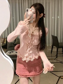 女士法式蕾丝边长袖开衫毛衣，修身款，适合秋冬季节，甜美少女风，适合日常穿着和约会，长袖上衣 - 粉色 - 查看 2