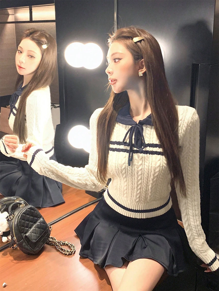 圣诞新年时尚彼得潘领拼色扭结蝴蝶结针织女毛衣，休闲套头衫，适合外出、约会、派对、校园、秋冬 - 杏色 - 查看 1