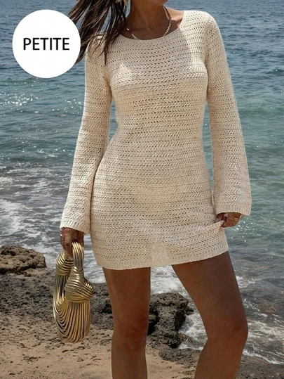 Women's Petite Beige Crochet Knit Dress | Long Bell Sleeve Crew Neck Mini Dress For Beach & Vacation