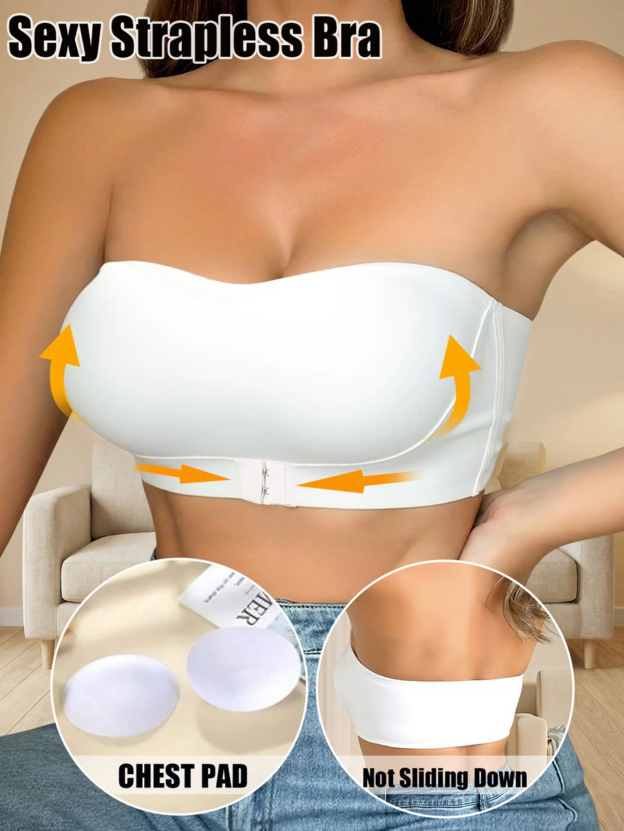 女士前扣无肩带胸罩聚拢可拆卸胸垫无线性感抹胸式抹胸舒适抹胸可调节防滑橡胶条贴身内衣黑色基本款透气面料女士内衣 ﻿ ﻿ - 白色 - 查看 1