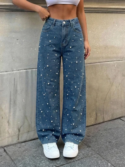 Fashionable & Versatile Medium Washed Loose Pearl Denim Jeans For Women, Casual Everyday Wear
