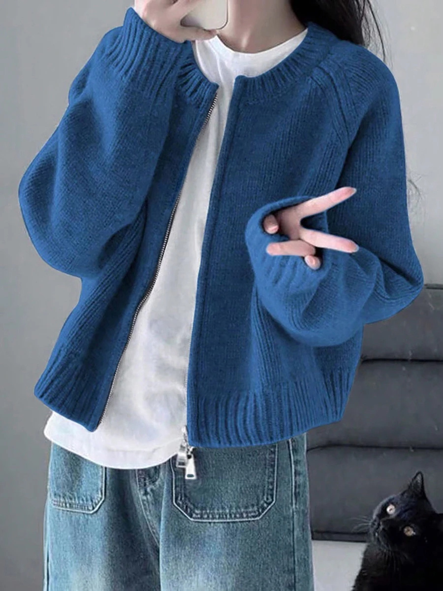 保暖外套，双面拉链女士针织开衫毛衣，优雅休闲长袖上衣，适合秋冬季、返校季、圣诞节、新年等场合。