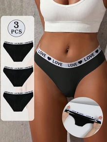 3条装女士高弹力内裤，情书腰带，低腰舒适运动内裤 - 黑色 - 查看 1