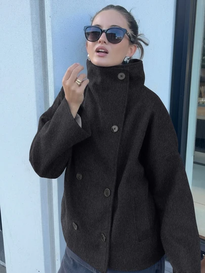 Vintage Double-Breasted High Collar Women Jacket, Commuter Coat For Women, Winter Outerwear