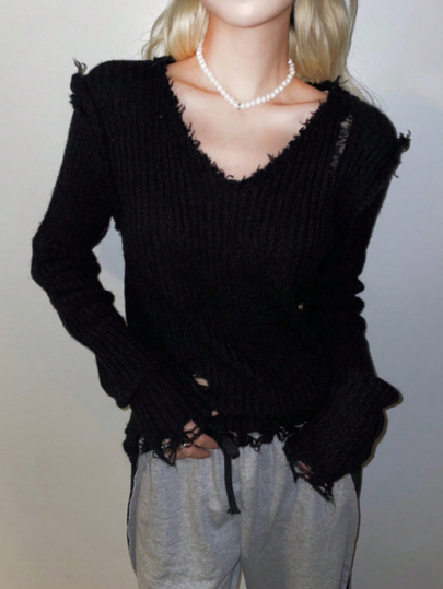 レディース カジュアル アシンメトリー ダメージ加工 ニットセーター、ヴィンテージスタイル、長袖、多用途でスリム、秋冬