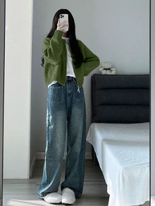 Warm Zip-Up Cardigan Sweater For Women, Autumn/Winter, Back To School Season - Grass Green - View 2