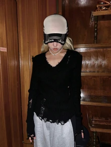 女式休闲不对称做旧针织毛衣，复古风格，长袖，百搭修身，秋冬 - 黑色 - 查看 2