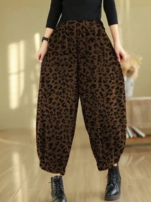 女士休闲复古豹纹宽松哈伦裤，带插袋，适合春秋季穿着 - 棕色 - 查看 4
