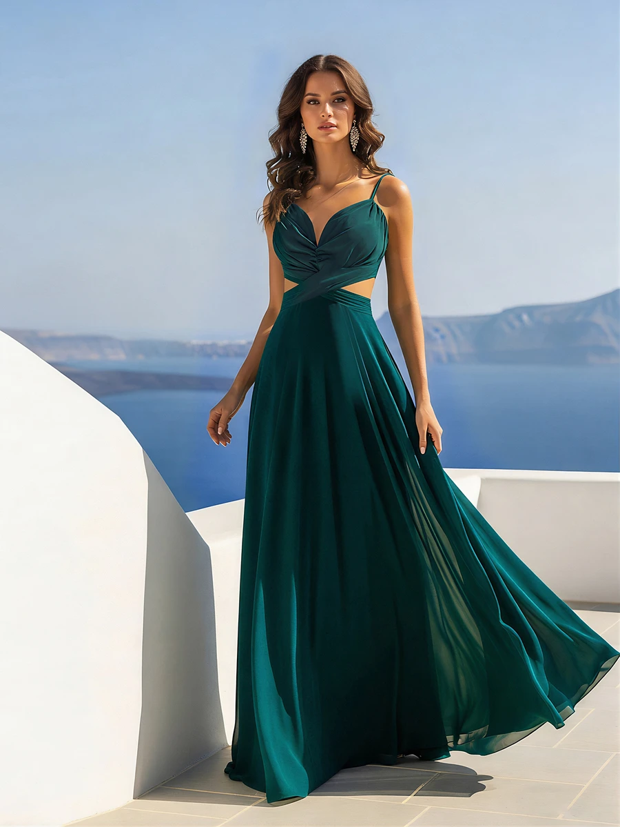 HOMEYEE 女士优雅长款雪纺鸡尾酒礼服，吊带领口，露背设计，喇叭裙摆 - 墨綠色 - 查看 1