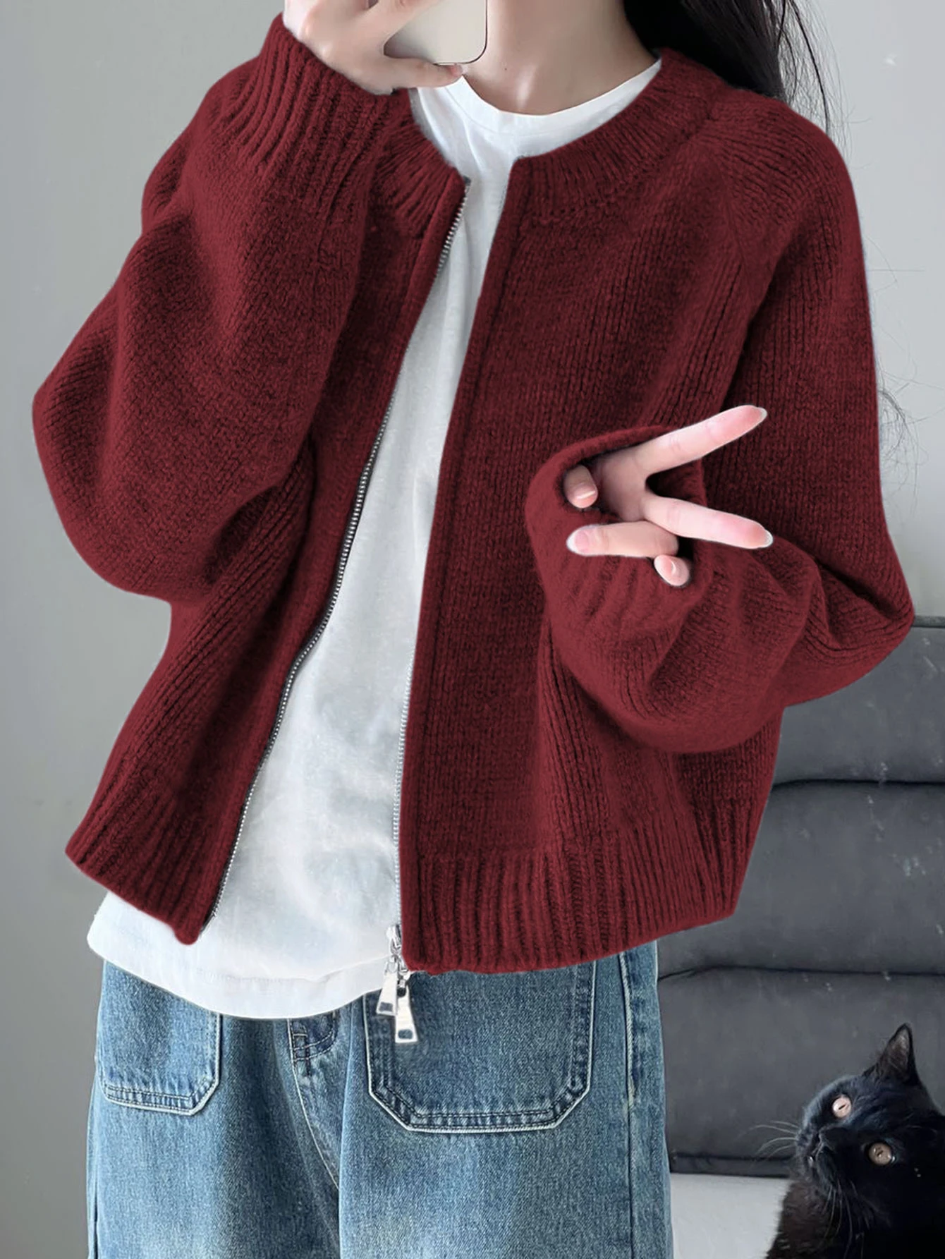 Warm Reversible Zip-Up Cardigan Sweater For Women, Autumn/Winter, Back To School Season - Jujube Red - View 1