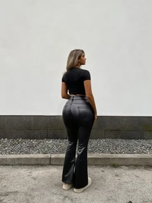 Wanduyini 女士仿皮提臀紧身裤高腰性感喇叭裤 - 黑色 - 查看 4