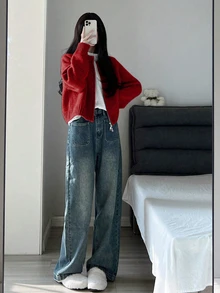 保暖外套，双面拉链女士针织开衫，针织外套，优雅休闲长袖上衣，适合秋冬季节、返校季、圣诞节、新年，红色外套