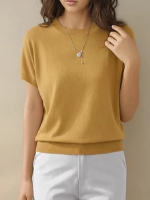 New Fashionable Women's Lightweight, Solid Color Short Sleeve Knit Top, Summer - Yellow - View 1