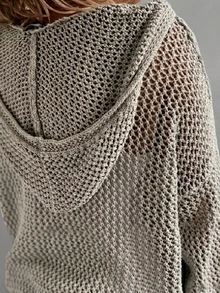 女士镂空连帽套头毛衣，长袖针织衫，新年百搭单品 - 灰色 - 查看 2