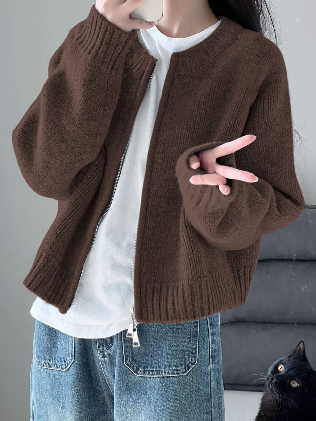 保暖外套，双面拉链女士针织开衫毛衣，适合秋冬季节和开学季 - 咖啡色 - 查看 1