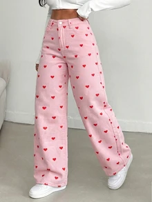 Pantalones acampanados de mujer con estampado de corazón, lavados y elásticos, de estilo minimalista europeo y americano, color rosa, para primavera - Rosa - Ver 4