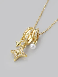 DareSee 1 pezzo Collana con pendente a stella aurora in acciaio inossidabile con perla, placcata in oro 18K con piccoli cristalli, design scintillante da sogno, regalo per moglie, amiche, matrimonio, festival musicale - Dorato - Visualizzare 3