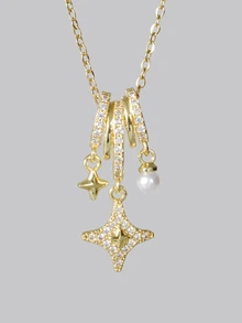DareSee 1 pezzo Collana con pendente a stella aurora in acciaio inossidabile con perla, placcata in oro 18K con piccoli cristalli, design scintillante da sogno, regalo per moglie, amiche, matrimonio, festival musicale - Dorato - Visualizzare 2