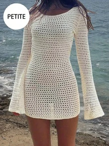 Women's Petite Beige Crochet Knit Dress | Long Bell Sleeve Crew Neck Mini Dress For Beach & Vacation - Milky White - View 3